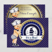 Invitation Baby shower nautique de marine et d'or (Devant / Derrière)