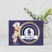 Invitation Baby shower nautique de marine et d'or (Debout devant)