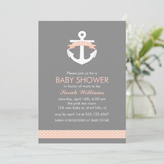 Invitation Baby shower nautique de thème d'Ancre de corail (Debout devant)