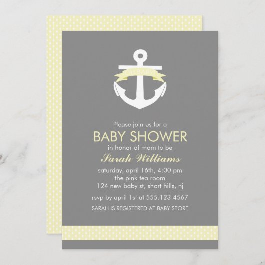 Invitation Baby shower nautique de thème d'Ancre jaune (Devant / Derrière)