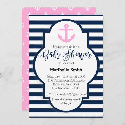 Invitation Baby shower Nautique Filles (Devant / Derrière)