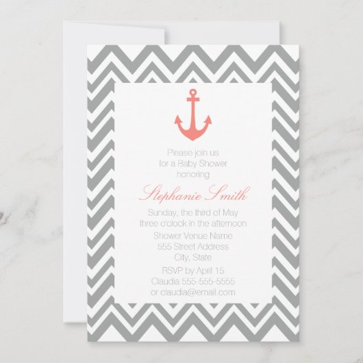 Invitation Baby shower nautique gris Chevron et corail rose (Devant)