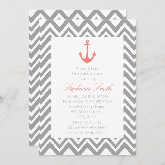 Invitation Baby shower nautique gris Chevron et corail rose (Devant / Derrière)