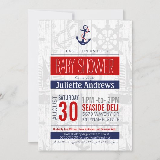 Invitation Baby shower nautique Invitation, Boy Blue Red Ahoy (Devant)