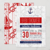 Invitation Baby shower nautique Invitation, Boy Blue Red Ahoy (Devant / Derrière)