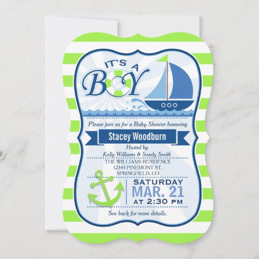 Invitation Baby shower nautique; Lime vert et bleu (Devant)