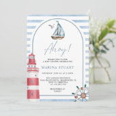 Invitation Baby shower nautique moderne Blue Ahoy (Debout devant)