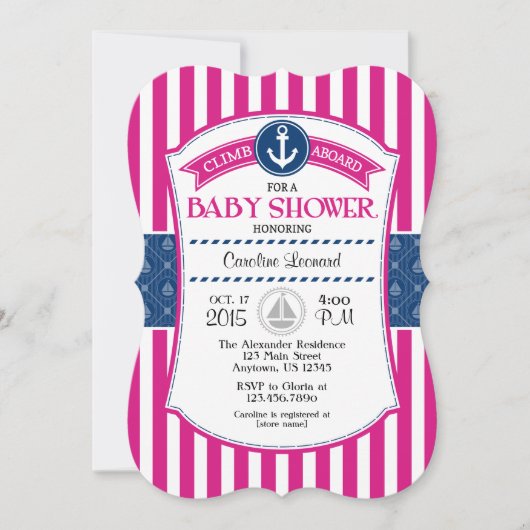 Invitation Baby shower nautique rose chaud (Devant)
