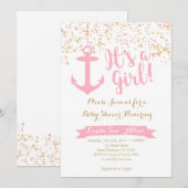 Invitation Baby shower nautique - rose et or (Devant / Derrière)