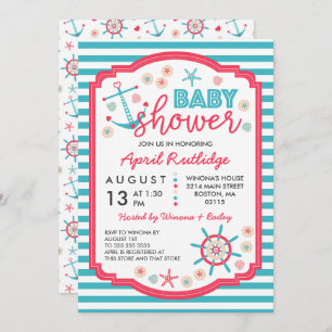 Invitation Baby shower nautique rouge de bleu et de framboise