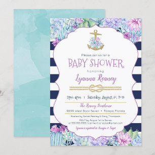 Invitation Baby shower nautique Succulents Marine Lavande ble