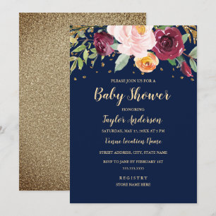 Invitation Baby-Shower Navy Bordeaux Fleurs Pailletées