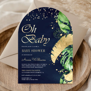 Invitation Baby Shower Navy Gold Tropical Monstera Palm Arch