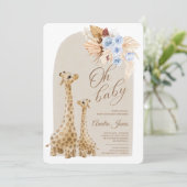 Invitation Baby shower Neutral Blue Pampas Grass Giraffe (Debout devant)