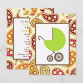 Invitation Baby shower neutre - chariot et Paisley verts (Devant / Derrière)