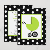 Invitation Baby shower neutre - chariot et pois verts (Devant / Derrière)