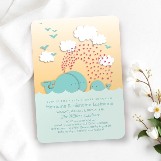 Invitation Baby shower Neutre Couples de Mint Whales Sunset