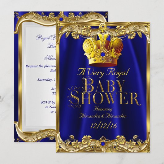 Invitation Baby shower neutre Couronne or Royal Blue Gem (Devant / Derrière)