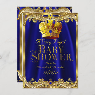 Invitation Baby shower neutre Couronne or Royal Blue Gem