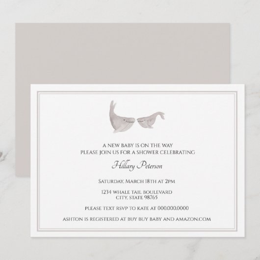 Invitation Baby shower neutre d'aquarelle de baleine de genre (Devant / Derrière)