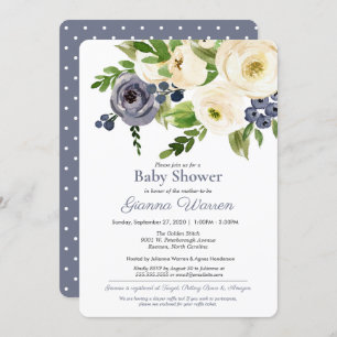 Invitation Baby shower neutre de genre bleu et crème florale