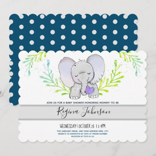 Invitation Baby shower neutre de genre éléphant (Devant / Derrière)