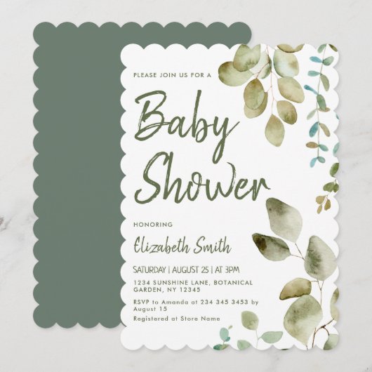 Invitation Baby shower neutre de genre Eucalyptus (Devant / Derrière)