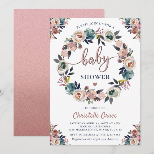 Invitation Baby shower neutre de la couronne florale rose de  (Devant / Derrière)