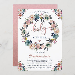Invitation Baby shower neutre de la couronne florale rose de