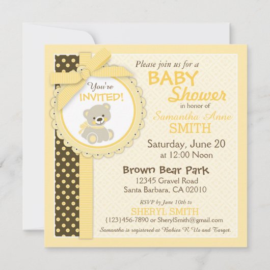 Invitation Baby shower neutre de l'ours en peluche (Dos)