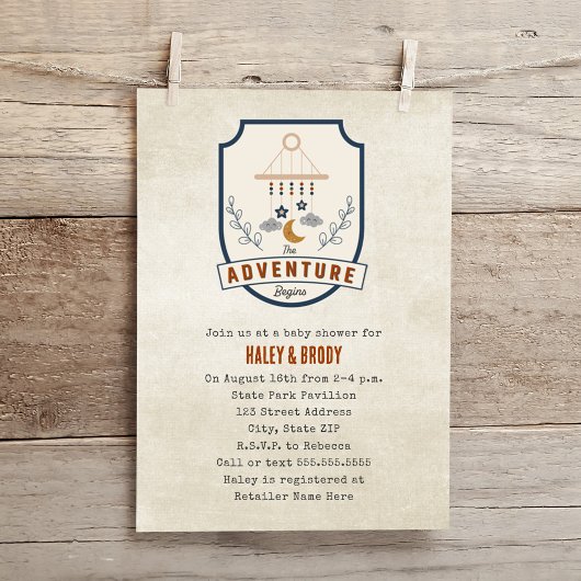 Invitation Baby shower neutre de patchs d'aventure