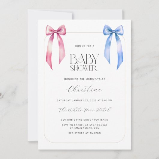 Invitation Baby shower neutre de sexe rose bleu Bow (Devant)