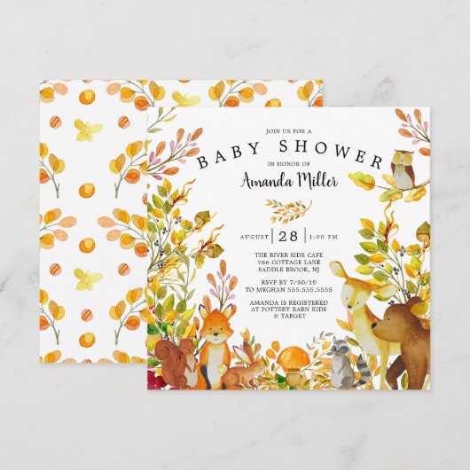 Invitation Baby shower Neutre des animaux forestiers (Devant / Derrière)