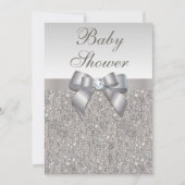 Invitation Baby shower neutre Faux Silver Sequins et Bow (Devant)