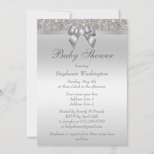 Invitation Baby shower neutre Faux Silver Sequins et Bow (Dos)