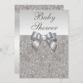 Invitation Baby shower neutre Faux Silver Sequins et Bow (Devant / Derrière)