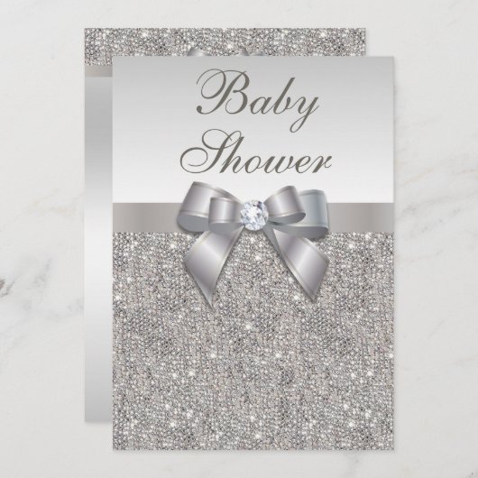 Invitation Baby shower neutre Faux Silver Sequins et Bow (Devant / Derrière)