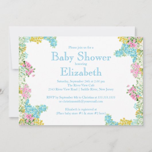 Invitation Baby shower neutre floral bleu assez rose (Devant)