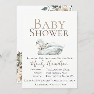 Invitation Baby shower neutre floral de cygne élég