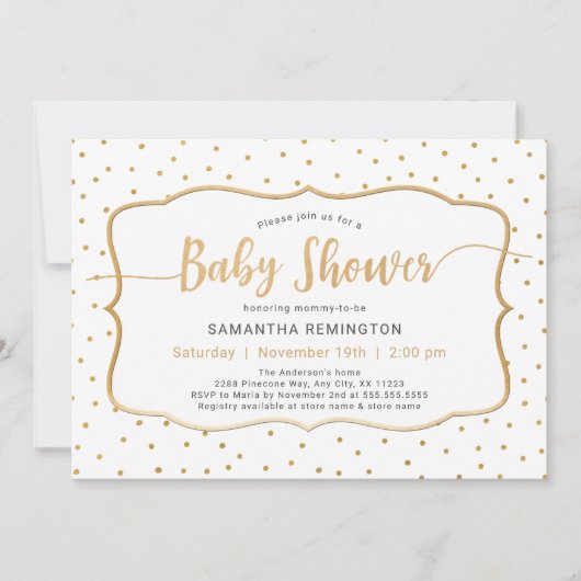 Invitation Baby shower Neutre Genre Blanc Or Point Or (Devant)