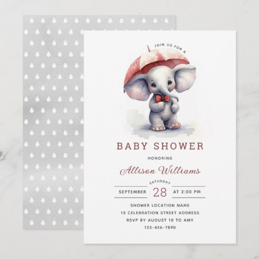 Invitation Baby shower neutre homme éléphant (Devant / Derrière)