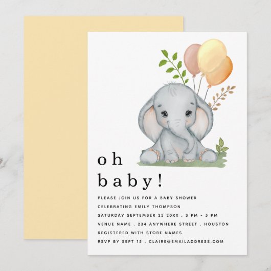 Invitation Baby shower neutre homme éléphant (Devant / Derrière)