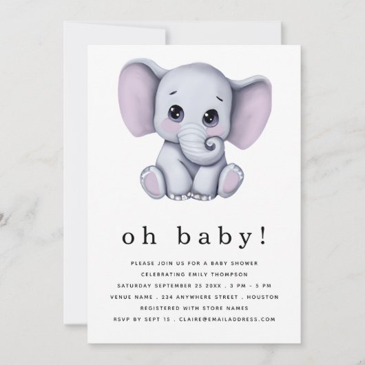Invitation Baby shower neutre homme éléphant (Devant)