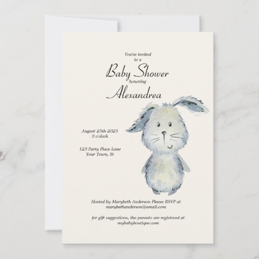 Invitation Baby shower neutre lapin mou (Devant)