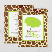 Invitation Baby shower neutre - Parapluie vert et girafe (Devant / Derrière)