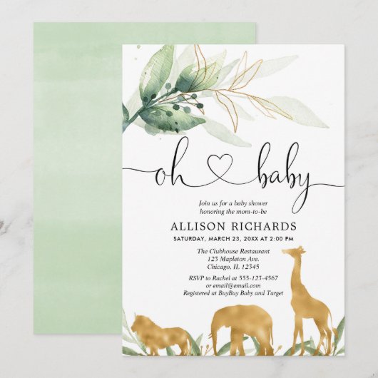 Invitation baby shower neutre pour les animaux aurifères de S (Devant / Derrière)