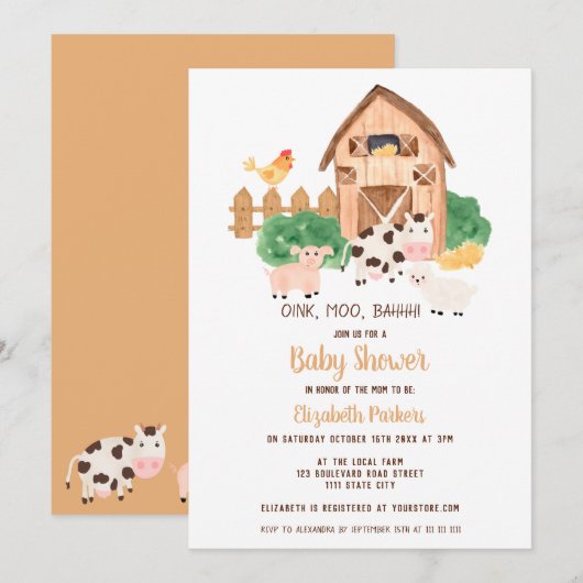 Invitation baby shower neutre pour les animaux de ferme de la (Devant / Derrière)