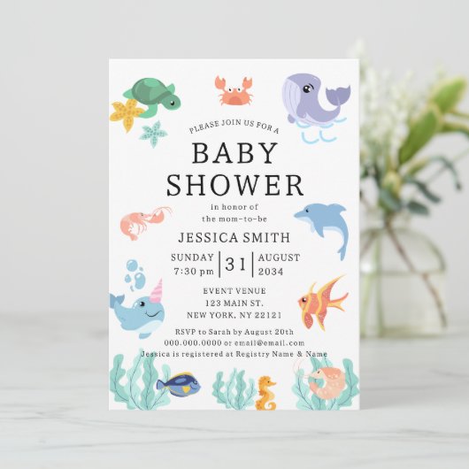 Invitation Baby shower neutre pour les animaux marins (Debout devant)