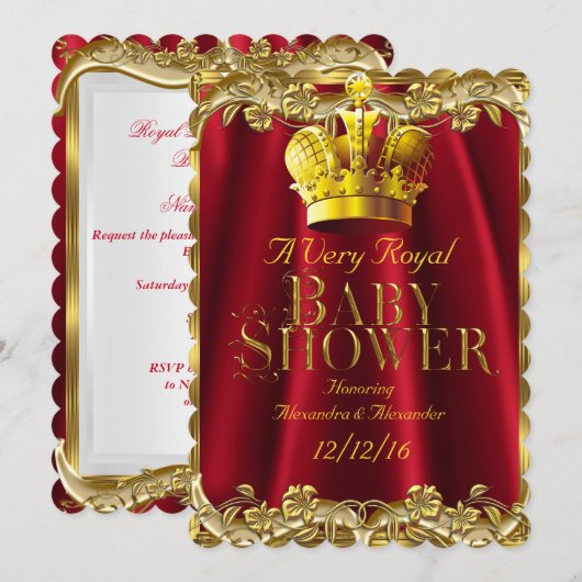 Invitation Baby shower neutre Royal Regal Red Gold Crown (Devant / Derrière)