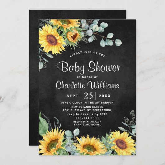 Invitation Baby shower NEUTRE rustique des tournesols Eucalyp (Devant / Derrière)